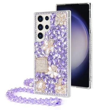 Imagem de Losin Compatível com Galaxy S24 Ultra Bling Capa Luxuosa 3D Diamante Cristal Strass Pedra Preciosa Frasco de Perfume e Flor Capa para Mulheres Meninas Glitter Cinta Corrente Brilhante, Roxo