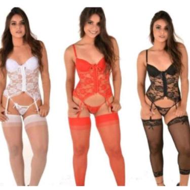 Imagem de Espartilho Completo Com Bojo Incluí Meias e Calcinha Sexy Sensual Linh
