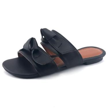 Imagem de Sandália Feminina Rasteirinha Preta Laço Moda Verão Bico Redondo Dia a