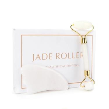 Imagem de Box Luxo Rolo Massageador Facial Pedra Jade Branco e Gua Sha Cunha - W