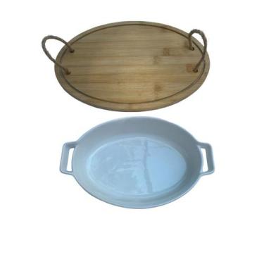 Imagem de Bandeja Bambu alça Corda e Travessa de porcelana refrataria - Hauskraf
