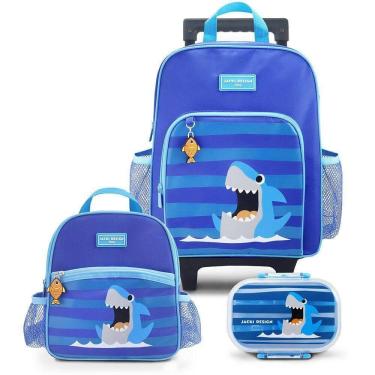 Imagem de Conjunto Mochila Com Rodinhas E Lancheira Térmica Com Pote P/ Lanche Azul