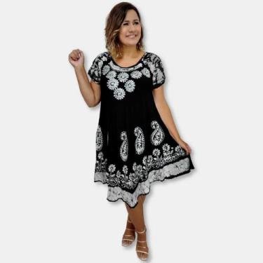 Imagem de Vestido Trapézio Curto Manga Curta Batik e Bordado Plus Size - Sarat M