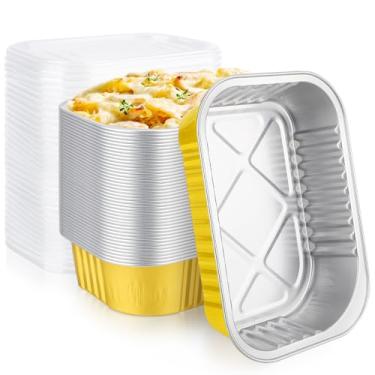 Imagem de EUSOAR Frigideiras de alumínio com tampas, pacote com 50 miniformas descartáveis de 473 ml, pão, pão, bolo, forno, resistente, para preparação de refeições para festas, freezer, para cozinhar com