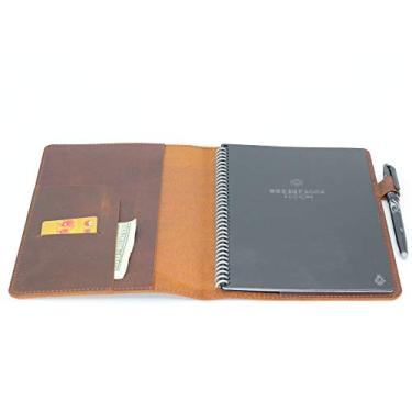 Imagem de JJNUSA Capa compatível com Rocketbook Cover Smart Business de couro genuíno para notebook Everlast, Fusion, Wave, Moleskin A5 com alça de caneta e suporte de cartão de visita, executiva 15 x 22 cm, marrom