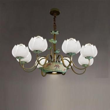 Imagem de OUFULA Luminária pendente de lótus contemporânea chinesa retrô criatividade sala de estar restaurante quarto villa hotel balcão decoração led lustre (D White 8 lights)