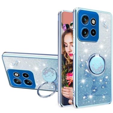 Imagem de Ysnzaq Capa de design floral com glitter para Motorola Edge 50 Neo com suporte de anel embutido, capa fina transparente à prova de choque com um toque de glamour para Motorola Edge 50 Neo YSH azul