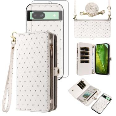 Imagem de Asuwish Capa de celular para Google Pixel 8A 5G carteira com zíper destacável com protetor de tela de vidro temperado alça transversal alça flip glitter porta-cartão slot Pixel8A A8 mulheres meninas