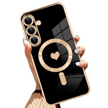 Imagem de AIGOMARA Capa magnética feita para S25 [compatível com carregamento sem fio] Design de coração TPU macio galvanizado capa fina antiarranhões à prova de choque para mulheres - preta