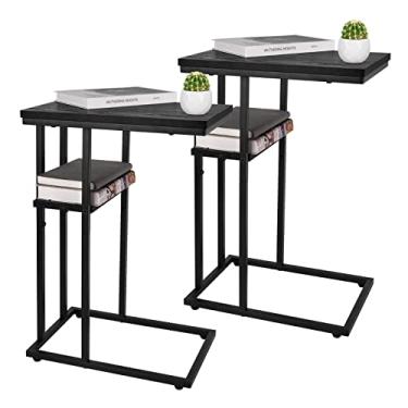 Imagem de Yoobure Conjunto de 2 mesas de canto em forma de C, mesa lateral, sala de estar, mesas de sofá que deslizam sob mesas de sofá com moldura de metal, mesa de lanche rústica para quarto/espaços pequenos,