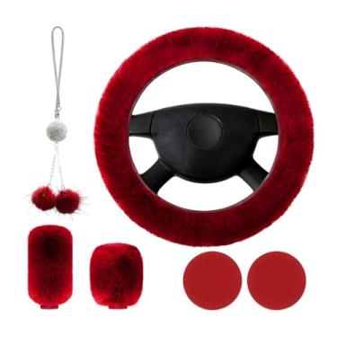 Imagem de Yourkar Conjunto de 6 peças de capas de volante fofas, capa de volante macia de 38 cm, capa de freio de mão, capa de câmbio de marcha e suporte de copo e acessório de espelho de carro, acessórios para