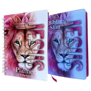 Imagem de Kit Bíblia Slim Cpad leão Jesus pink com Harpa cristã + Agenda Planner