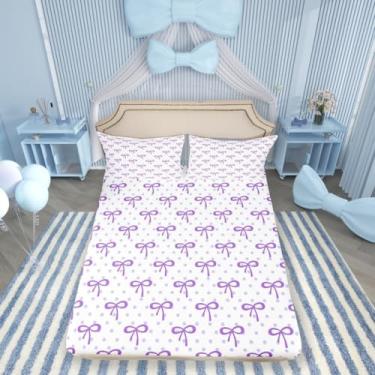 Imagem de Manfei Jogo de lençol Queen com laço de desenho animado feminino, estilo princesa do castelo, decoração de quarto de meninas e mulheres, capa de cama de patchwork com pontos geométricos, lençol roxo,