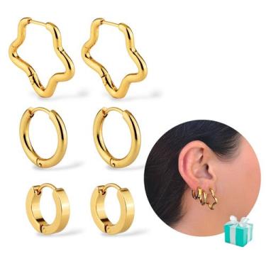 Imagem de Conjunto 3 Brinco Argola Aço inox Dourado 1 2 3 Furo Dourado - Santo E