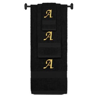 Imagem de Toalha de banho de algodão felpudo bordada personalizada, conjunto de toalha de mão e toalha de banho - conjunto de toalhas pretas, ouro Chancery inicial A