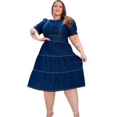 Imagem de Vestido Jeans Plus Size Três Marias Costura Dupla Com Lycra (BR, Numérico, 50, Plus Size, Regular, AZUL)