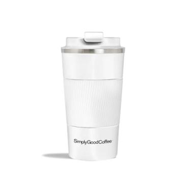 Imagem de Simply Good Coffee Caneca de café de viagem isolada. Copo de café branco com tampa flip à prova de derramamento de 500 ml, caneca de café de aço inoxidável. Copo térmico, mantém frio e quente por 4