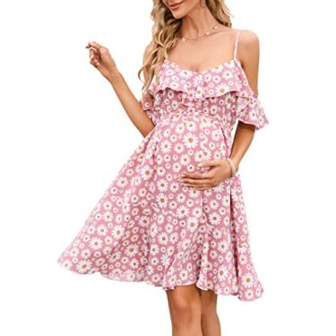 Imagem de Vestido de maternidade feminino com decote em V, alças finas, manga com babados, estampa margarida, evasê, rodado, rodado, rosa, G