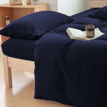 Imagem de Cobertor pesado 100% algodão lavado, capa de edredom com sensação de linho para cobertor pesado 152 x 203 cm, capa de edredom simples de algodão pesado (azul marinho, 152 x 203 cm)