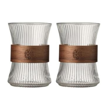 Imagem de HOOPZOZA Conjunto de 2 xícaras de café de vidro com isolamento térmico lascas de madeira 255 g listras verticais para chá de cappuccino (2X-260)