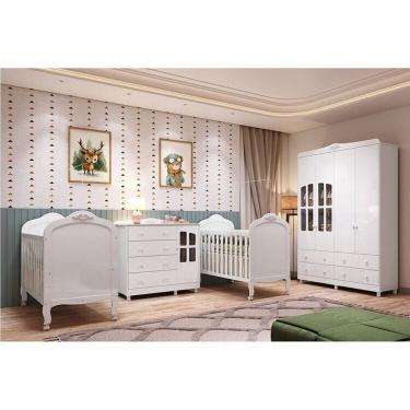 Imagem de Quarto de Bebê Guarda-roupa Cômoda Janelado 2 Berços Maya Clássico 100% Mdf Espresso Móveis Branco Brilho/Branco