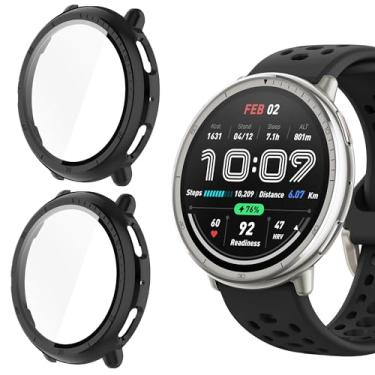 Imagem de Lamshaw Compatível com Amazfit Active 2, capa rígida de PC com protetor de tela de vidro temperado compatível com Amazfit Active 2 Smart Watch 44 mm (pacote com 2 - preto + preto)