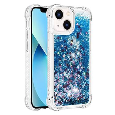 Imagem de Capa de telefone à prova de choque para iPhone 13 Mini com glitter líquido de areia movediça e corações flutuantes, capa de TPU de camada dupla reforçada com 4 cantos, protetor de telefone seguro