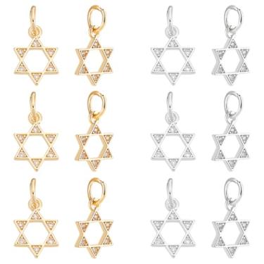 Imagem de UNICRAFTALE Pingentes de estrela de Davi, 2 cores, banhado a ouro 14K, pingente de estrela de diamante, strass, pingentes de estrela oca, pequenos pingentes com anel de salto para artesanato faça você