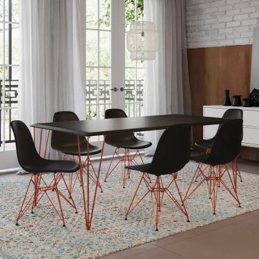 Imagem de Mesa Sala De Jantar Industrial Preta 135X75 Com 6 Cadeiras Pretas De Ferro Cobre Cor: Preto