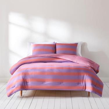 Imagem de Lush Decor Gale Cabana listrada? Conjunto de 3 peças de edredom reversível casal/queen coral e roxo - conjunto de cama listrado - edredom rosa - decoração costeira moderna