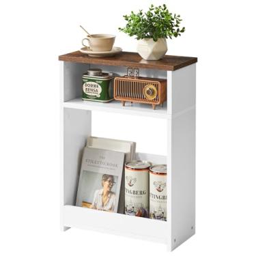Imagem de IBUYKE Mesa lateral estreita com prateleira de armazenamento, mesa de canto fina de 3 camadas para espaços pequenos, mesa de cabeceira pequena de madeira com suporte de revistas para sala de estar,