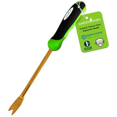 Imagem de Garden Guru Ferramenta de remoção de ervas daninhas de dente de leão com cabo ergonômico - extrator de ervas daninhas de aço inoxidável revestido de titânio para plantação, capina, cuidados com flores e vegetais em jardim de gramado | Resistente à ferrugem
