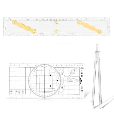 Imagem de Ironwarrior Conjunto básico de navegação de 3 peças, incluindo régua paralela de 38 cm com braços de latão, transferidor náutico e divisor de pontos fixos marítimos de 15 cm, acessórios marítimos com