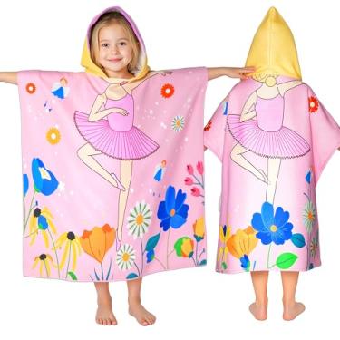 Imagem de Ythuil Toalha com capuz infantil - toalha de praia de balé para crianças de 3 a 10 anos, presentes de dança para meninas, saída de banho para meninas 76 x 63 cm, roupão de banho infantil com capuz