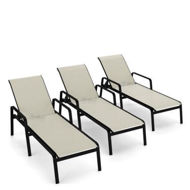 Imagem de Kit 3 Espreguiçadeira Piscina Alumínio Preto Tela Bege