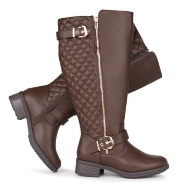 Imagem de Chicblooms Botas De Montaria Femininas Extra Largas, Cano Alto, Fivela Dupla Retrô, Estilo Chique, Outono, Marrom, Pu, 9 M Eua