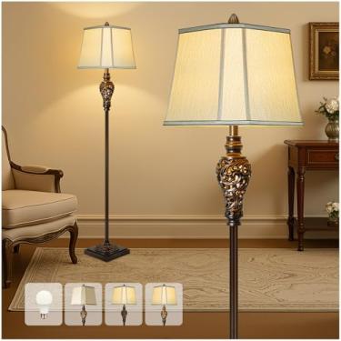 Imagem de LuxSight Collection Luminária De Chão Vintage Com Luz Noturna, 65" Acabamento Marrom Retrô E Cúpula Seda Sintética Bege, Design Industrial Fazenda, Alta Para Sala Estar, Quarto Canto Cabeceira (Lâmp