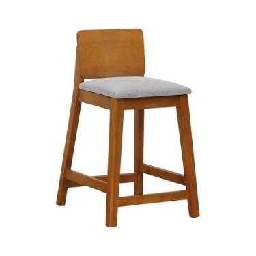 Imagem de Banqueta Média Lyon Madeira Encosto Anatômico - Amêndoa Assento Estof. Linho Cinza Mescla Impermeável