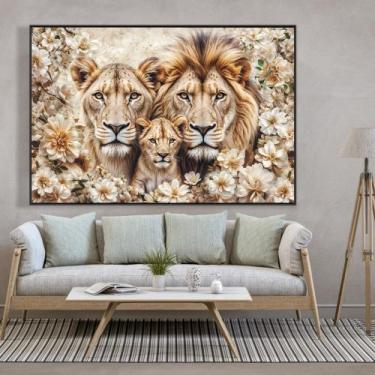 Imagem de Quadro decorativo florido família de Leão com um filhote - MeMoldura, 