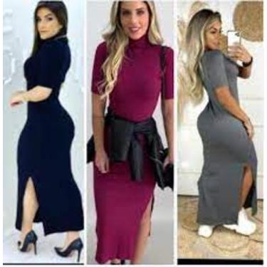 Imagem de Vestido feminino longo gola alta manga curta canelado - filo modas, Pr