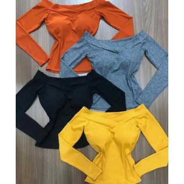 Imagem de blusa feminina ombro a ombro decote em v malha canelada com bojo manga