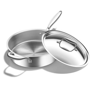 Imagem de Frigideira de aço inoxidável de 30 cm com 5 camadas com tampa para aquecimento uniforme, 2,5 QT, compatível com indução, resistente ao calor de até 537 °C, frigideira não tóxica, frigideira de aço