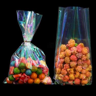 Imagem de SIPRKAICT Sacos de celofane iridescente com gravatas, 15 x 23 cm, 100 peças, sacos plásticos holográficos de presente de violoncelo para doces, biscoitos, brindes de festa