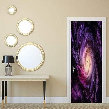 Imagem de Adesivos de porta galáxia murais removíveis, nebulosa roxa nublada stardust aglomerado impressão digital de uma imagem de galáxia no espaço, mural de parede de porta decoração de casa, papel de parede