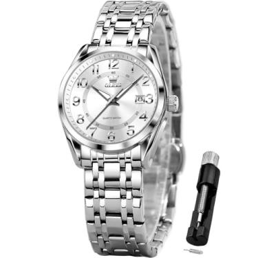 Imagem de OLEVS Relógios femininos clássicos, de quartzo, relógio de pulso feminino, aço inoxidável, à prova d'água, luminoso, data, fácil leitura, para mulheres, Relógio feminino todo prateado, relógio