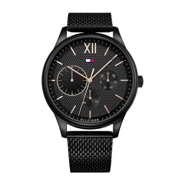 Imagem de Tommy Hilfiger Relógio analógico de quartzo multifuncional masculino com pulseira de aço inoxidável ou couro, Preto/preto, One Size, Pulseira