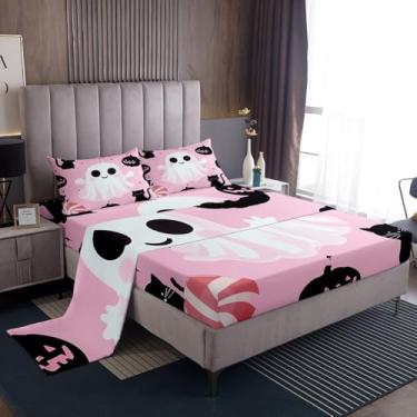 Imagem de jejeloiu Jogo de lençol solteiro com estampa de fantasma rosa, gato, preto, para meninos e meninas, microfibra macia, para decoração de quarto (com 1 fronha)