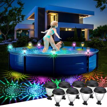 Imagem de Glooglitter 8 peças de luzes solares de piscina para piscinas emolduradas acima do solo luz solar à prova d'água decorações de cerca de piscina ao ar livre acessórios de piscina luz colorida