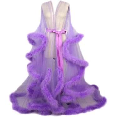 Imagem de Lingerie Feminina Robe Plus Size Lingerie Sexy Robe Mesh Sheer Lace Nightwear Mangas Queimadas Roupão Com Guarnição De Penas Tule Lotus Leaf Manga Comprida, I, One Size