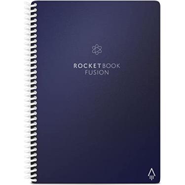 Imagem de Rocketbook Caderno reutilizável Fusion Smart – calendário, listas de tarefas e páginas de modelo de notas com 1 caneta Pilot Frixion e 1 pano de microfibra incluído – capa azul meia-noite